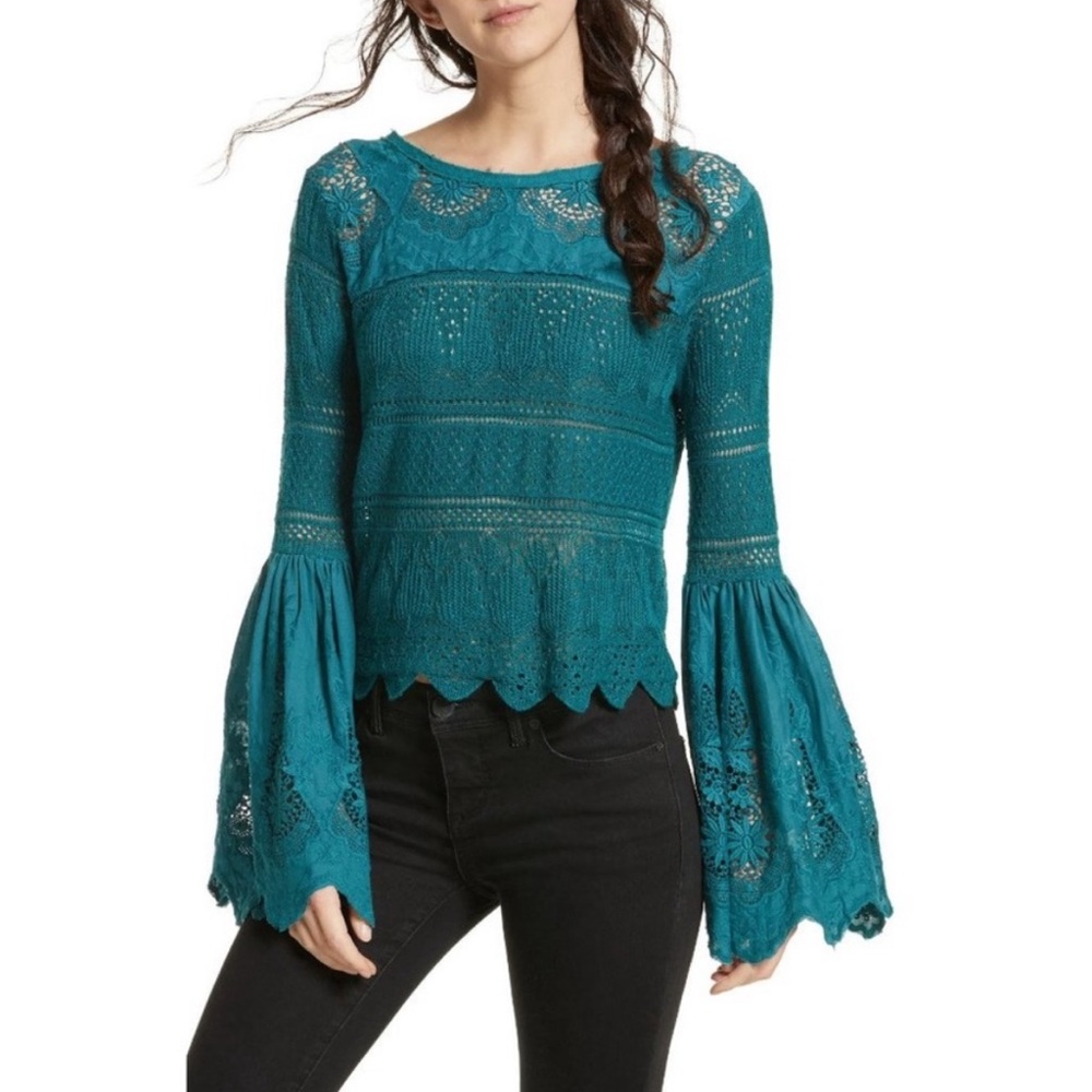 Free People “Once Upon a Time” Teal Crocheted Bell Sleeved Boho Top